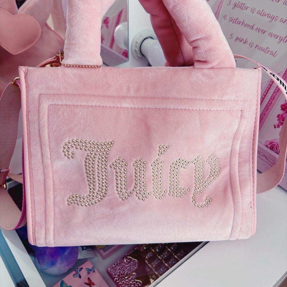 Juicy Couture Pink Velvet Crossbody Bag with Crystal Logo
